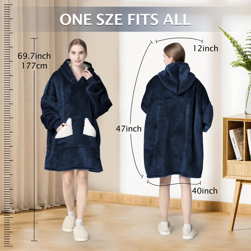Touchat Wearable Blanket Hoodie, Oversized Sherpa Blanket Sweatshirt with Hood Pocket and Sleeves, Super Soft Warm Comfy Plush Hooded Blanket for Adult Women Men, One Size Fits All (NavyBlue) - Image 4